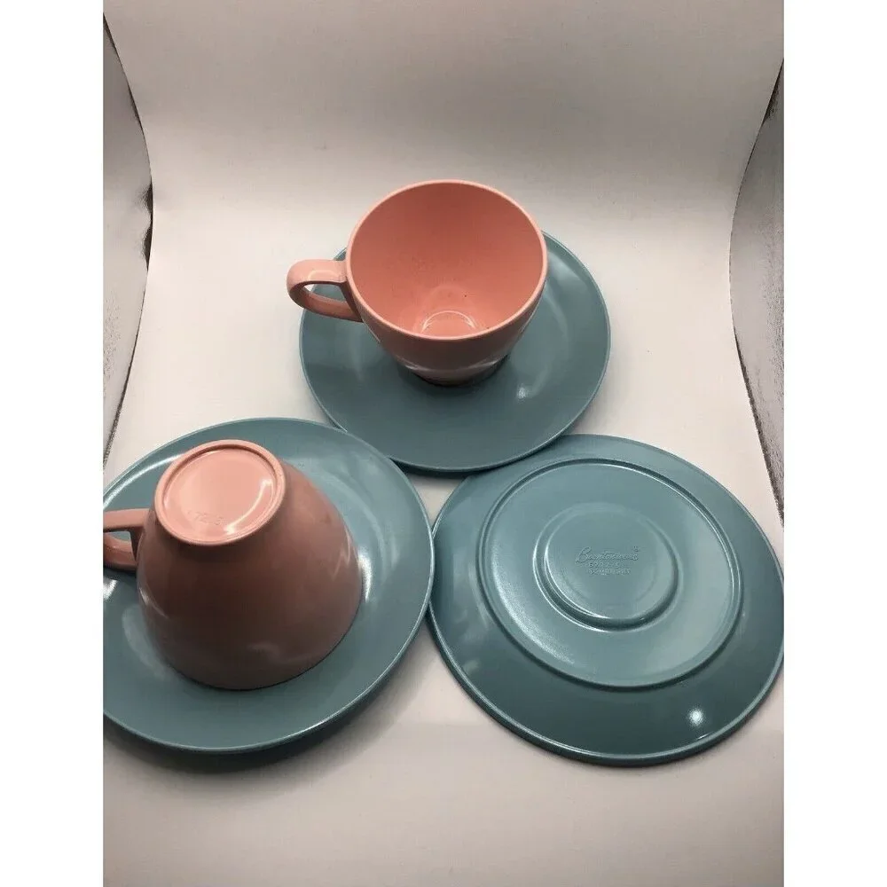 Vintage Set of 3 Pink and Robin Egg Blue Vintage Melmac Tea Cups and Saucer
